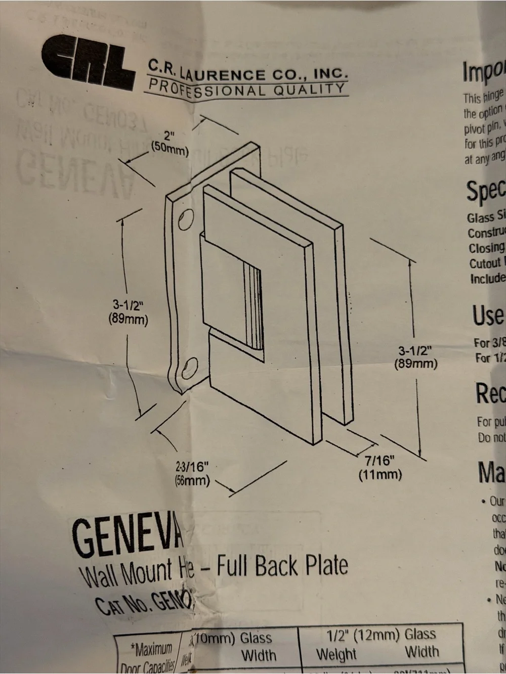 CR Laurence Geneva Series Wall-Mount Shower Door Hinge Matte Black